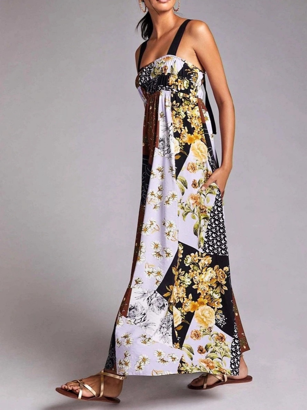 Anthropologie Maeve Patchwork Fall Flowy Maxi Dress Multicolor, Black, brown
